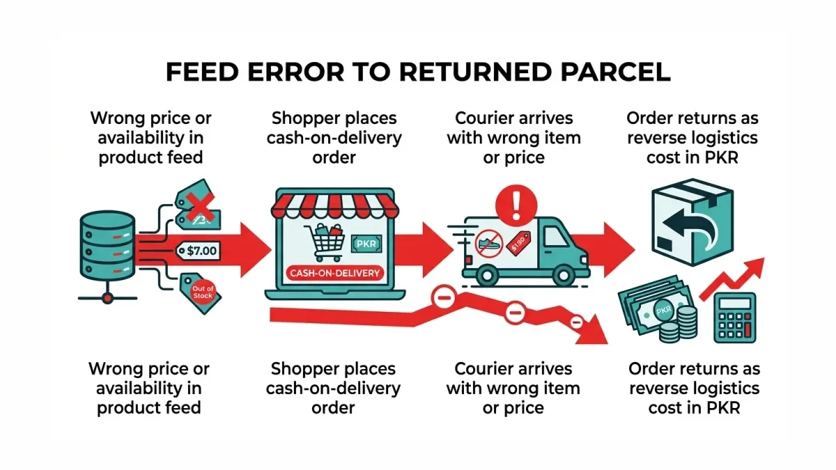 Infographic: Feed error to returned parcel, how a wrong price or availability flag becomes a cash-on-delivery return in PKR