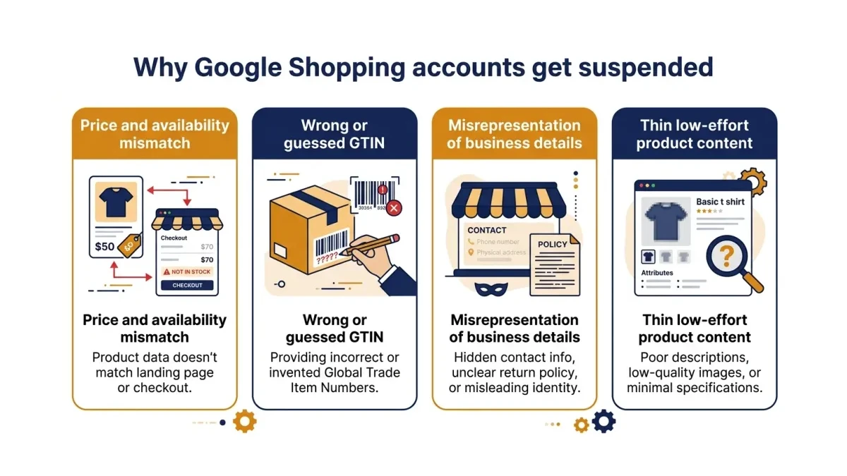 Infographic: The four causes of Merchant Center account suspensions.