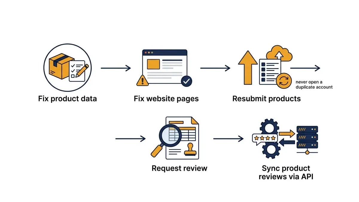 Infographic: Recovery sequence from feed fixes to reinstatement request.