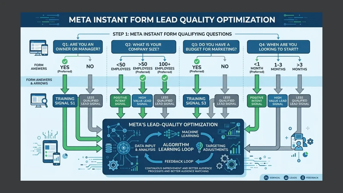 Infographic: Instant form question flow showing how each answer becomes a training signal for Meta's lead-quality optimization