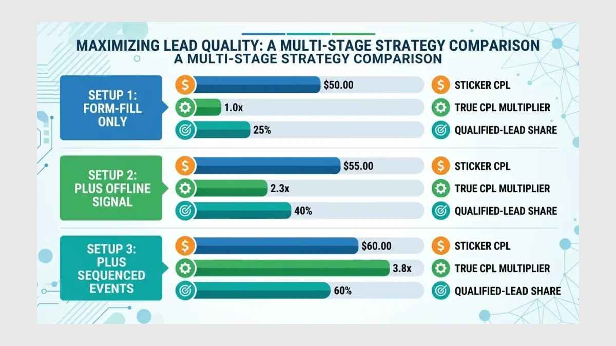 Infographic: Before vs after lead-quality setup showing sticker CPL, true CPL, and qualified-lead share after sequenced events