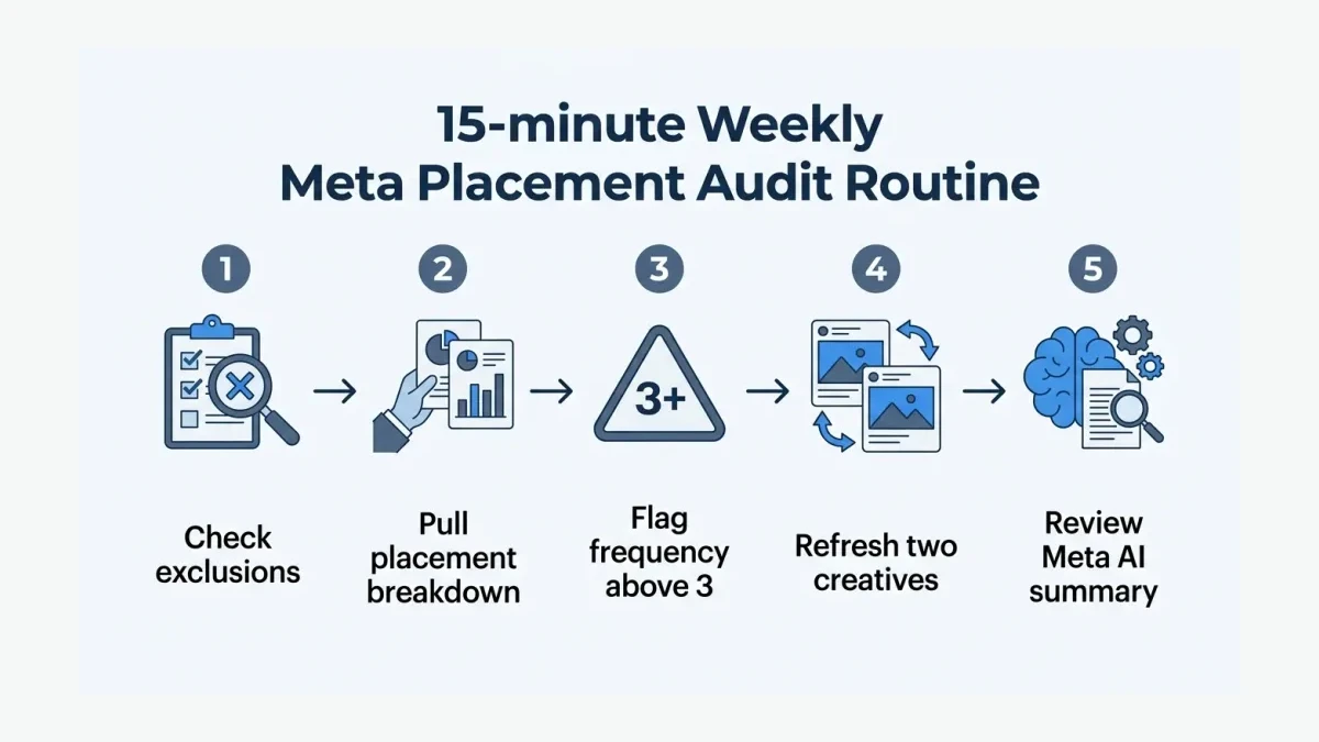 Infographic: Infographic of the 15-minute weekly Meta placement audit routine: five numbered steps in a horizontal flow labeled Check