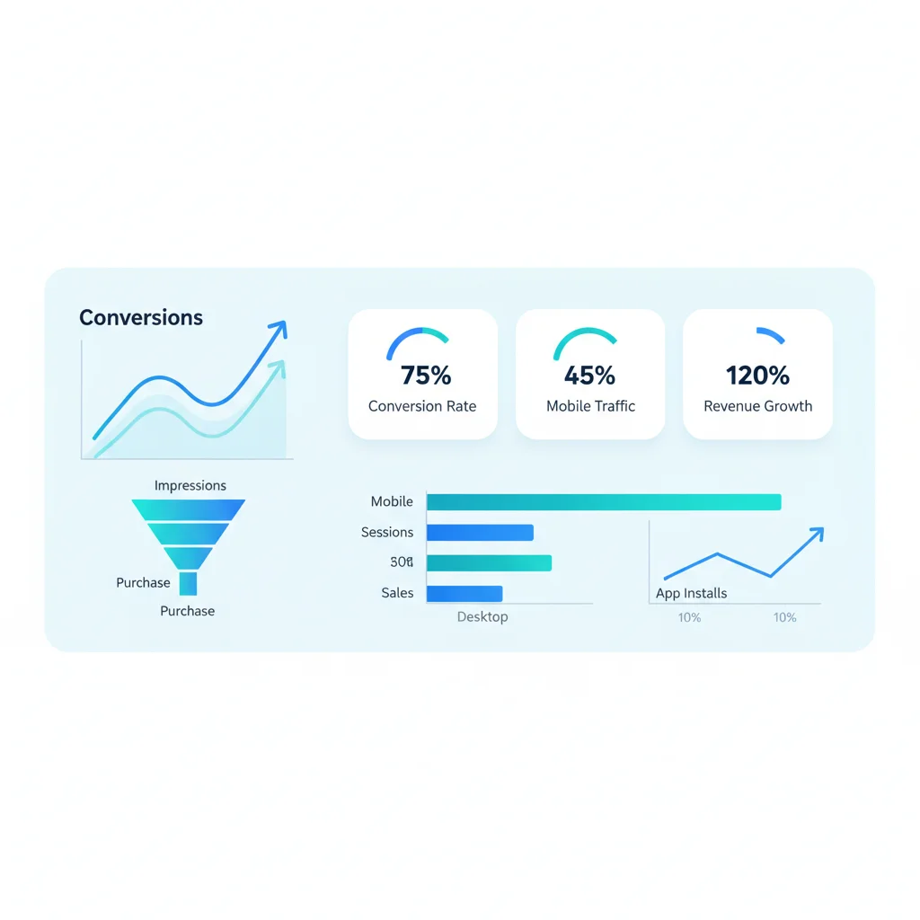 Mobile conversion analytics dashboard with KPI metrics and conversion funnel visualization