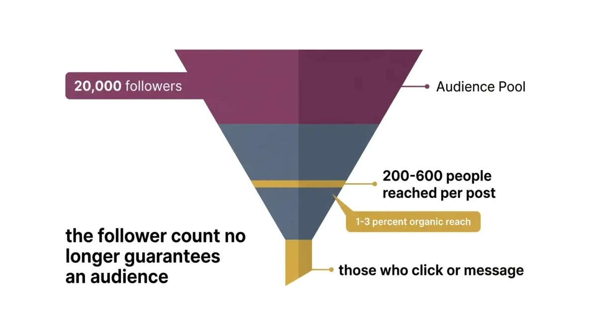 Infographic: A reach funnel showing a 20,000-follower page narrowing to 200-600 people reached per post and the few who then click or message.