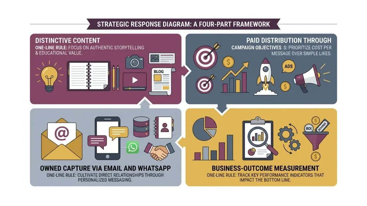 Infographic: A four-part response diagram pairing distinctive content, paid distribution, owned capture through email and WhatsApp, and business-outcome measurement.