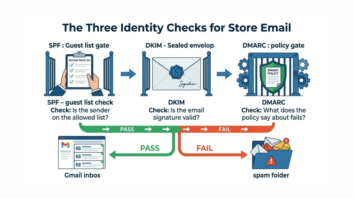 Infographic: Diagram showing the three identity checks for store email: SPF guest list, DKIM signature, and DMARC policy at Gmail.