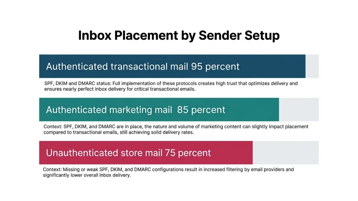 Infographic: Bar chart of inbox placement for transactional, marketing, and unauthenticated store email streams.