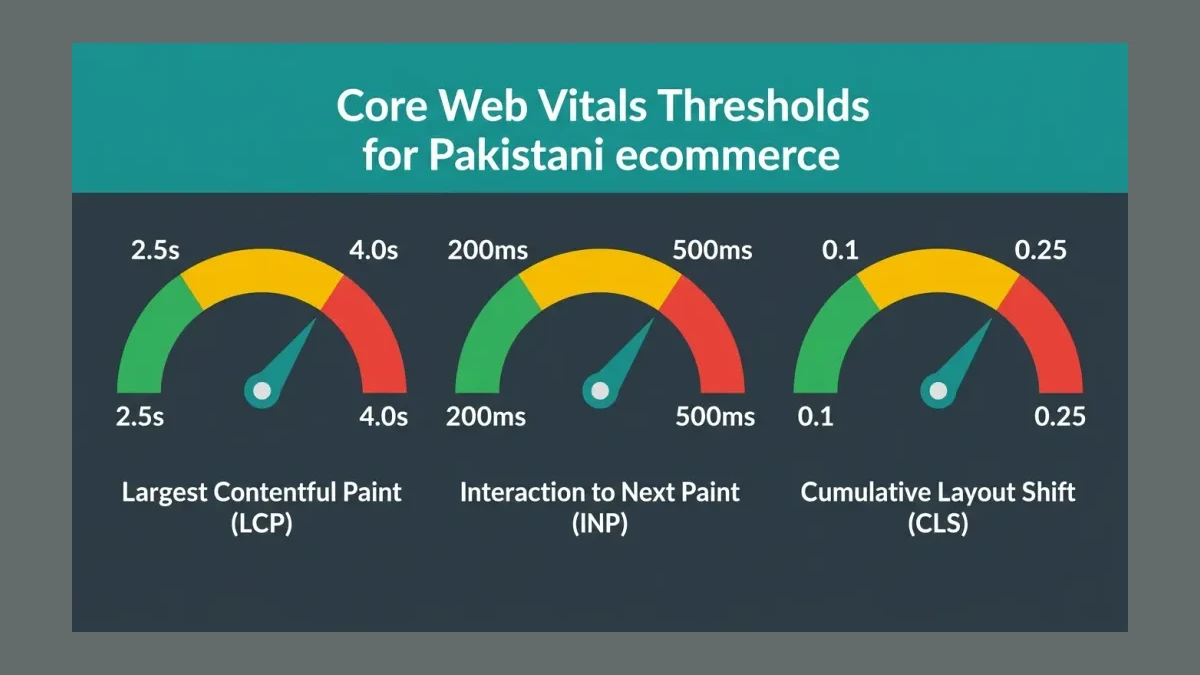 Infographic: Infographic showing Core Web Vitals thresholds for Pakistani ecommerce, three horizontal gauge meters side by side: LCP 
