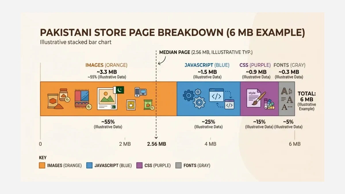 Infographic: Breakdown of a 6 MB Pakistani store page by resource type, showing images at roughly 55% of bytes versus JavaScript, CSS, and fonts.