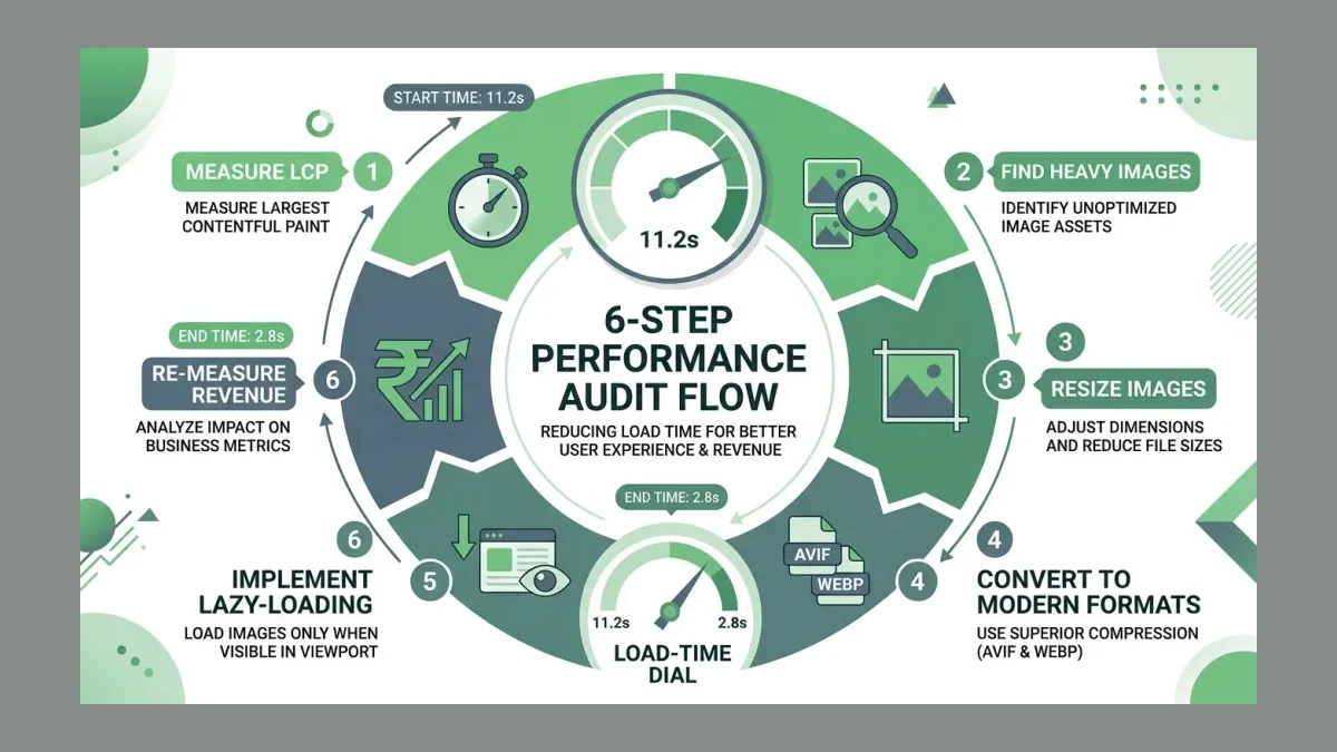 Infographic: Six-step speed audit flow from measuring LCP, finding heavy images, resizing, converting to AVIF and WebP, lazy-loading, to re-measuring revenue impact.