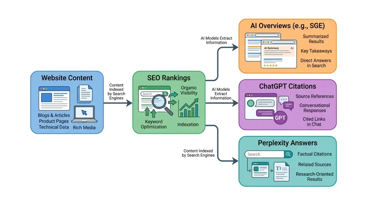 Infographic: AI search citation flow showing how content moves from website through traditional SEO ranking into AI Overviews, ChatGPT, and Perplexity citations