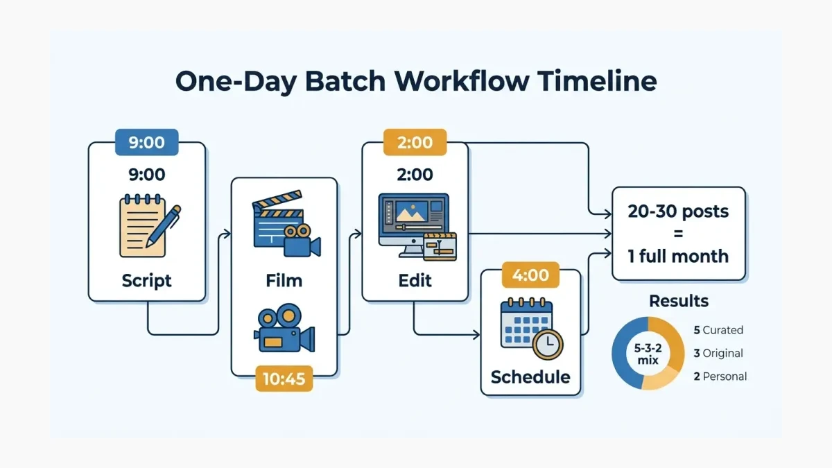 Infographic: Infographic-style one-day batch workflow timeline showing 9:00 Script, 10:45 Film, 2:00 Edit, 4:00 Schedule as connected
