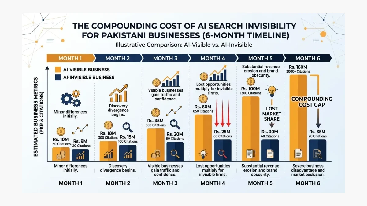 Infographic: Infographic showing the compounding cost of AI search invisibility over 6 months for Pakistani businesses. Timeline bar