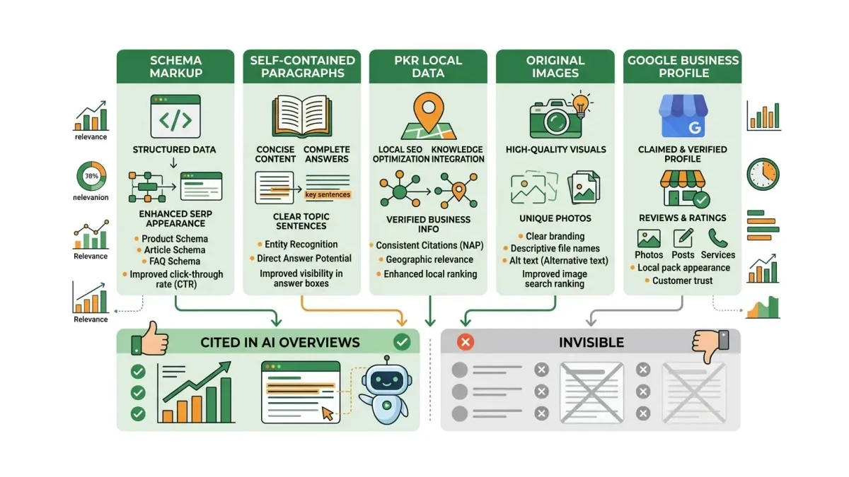 Infographic: Infographic showing the citation strategy with five columns: Schema markup, self-contained paragraphs, PKR local data, o