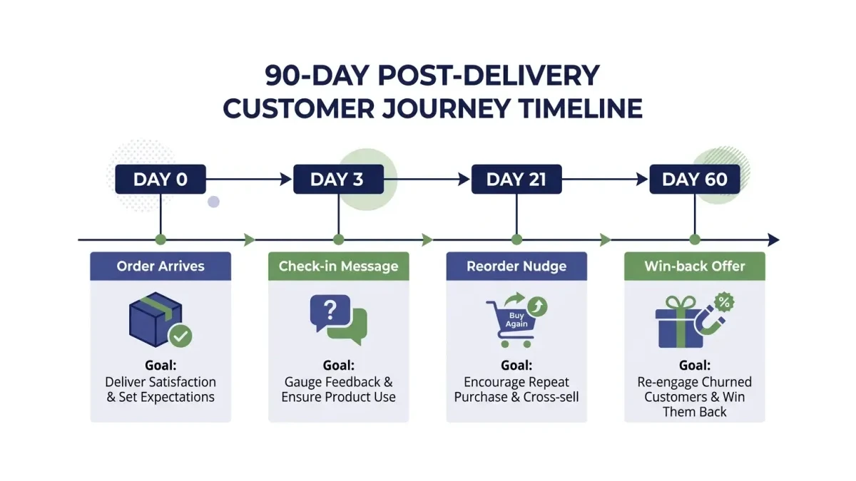 Infographic: Timeline of follow-up messages from delivery day through day 60 win-back for ecommerce buyers.