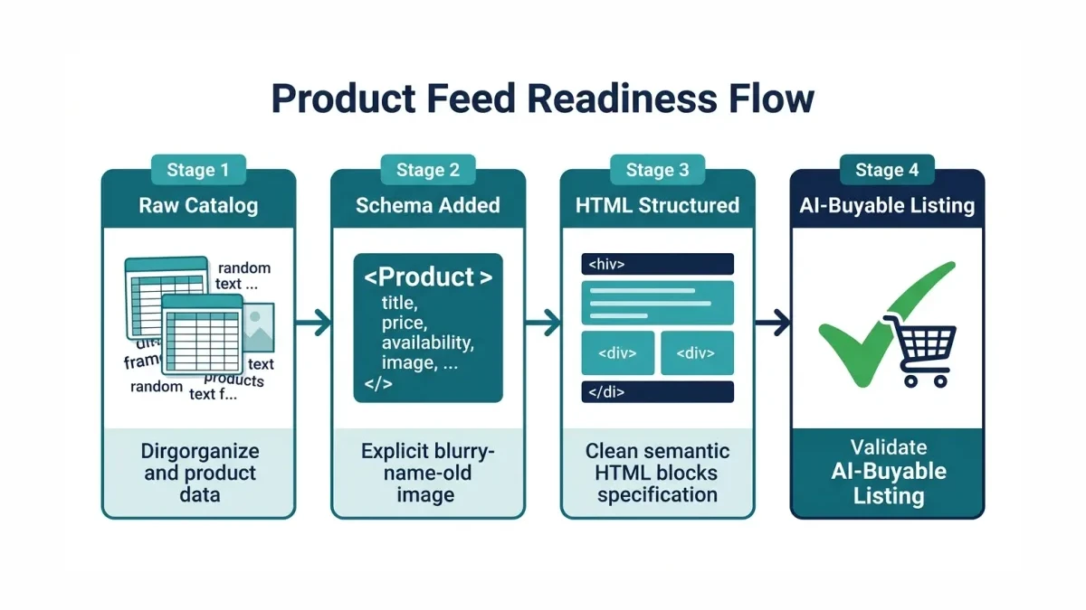 Infographic: product feed readiness flow from raw catalog to AI-buyable listing