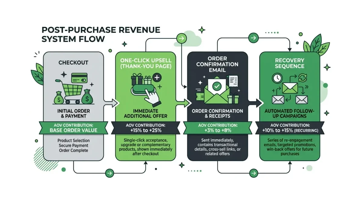 Infographic: the post-purchase revenue flow showing checkout feeding a one-click upsell on the thank-you page, then a confirmation email, then a recovery sequence, each adding AOV.