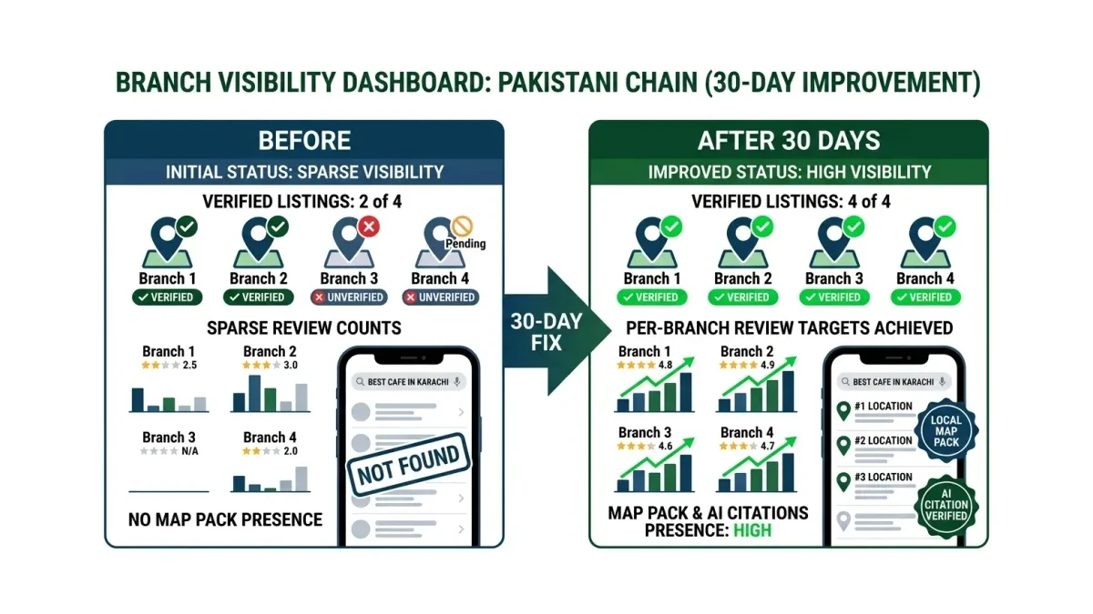 Infographic: Branch visibility before and after the multi-location fix showing verified listings review counts map pack presence and AI citations