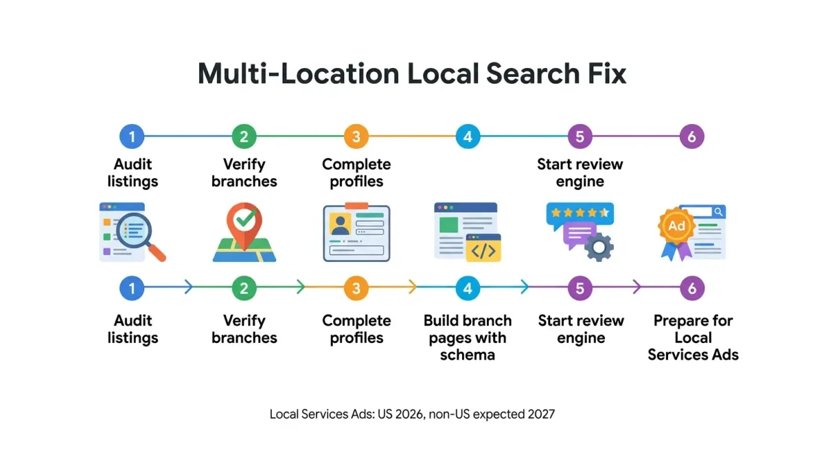 Infographic: Six-step multi-location local search timeline from listing audit through verification profile completion branch pages reviews and Local Services Ads preparation