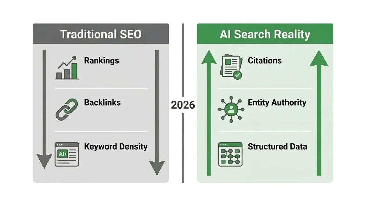 Infographic: Infographic showing the gap between traditional SEO metrics and AI search reality. Two columns: Left column Traditional