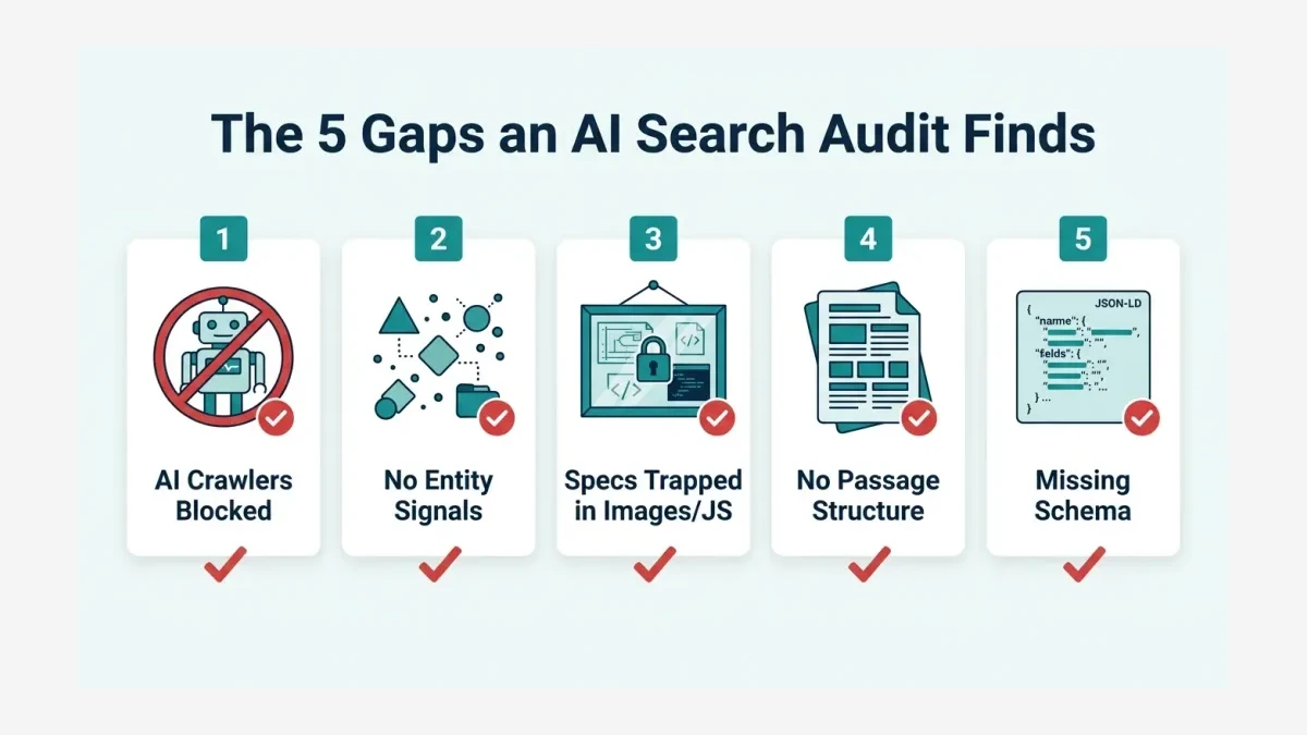 Infographic: Infographic titled 'The 5 Gaps an AI Search Audit Finds' showing five numbered tiles in a row: 1 'AI Crawlers Blocked',