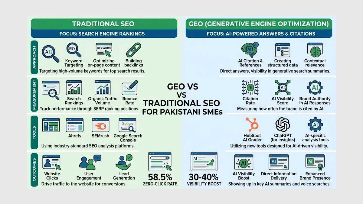 Infographic: GEO vs Traditional SEO comparison for Pakistani SMEs showing key differences in approach, measurement, and outcomes