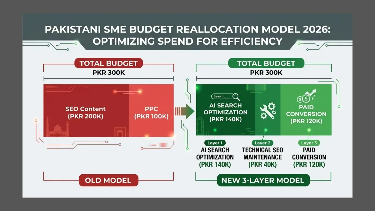 Infographic: Infographic showing the 3-layer budget reallocation model for Pakistani SMEs in 2026: Layer 1 AI Search Optimization PKR