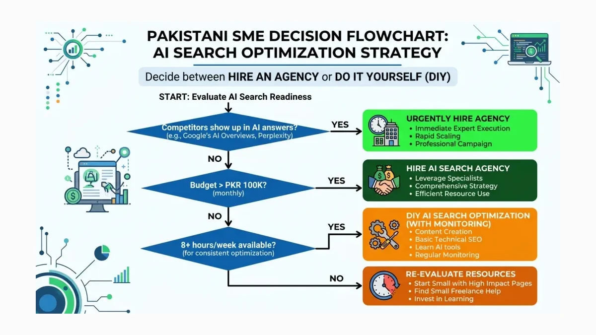 Infographic: Decision flowchart showing when Pakistani SMEs should hire AI search agency vs DIY