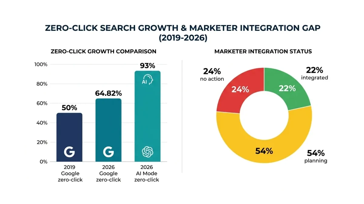 Infographic: Comparison bar chart infographic showing zero-click search growth from 2019 to 2026. 2019 Google zero-click at 50%, 2026