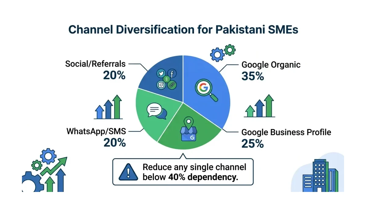 Infographic: Channel diversification pie chart infographic for Pakistani SMEs. Shows target traffic distribution: Google Organic 35%,