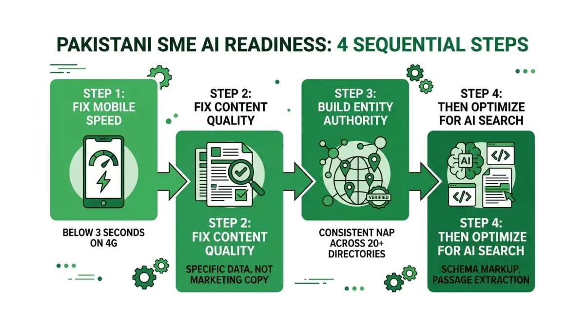 Infographic: Infographic showing the correct sequence for Pakistani SME AI readiness in 4 sequential steps: Step 1 'Fix Mobile Speed'