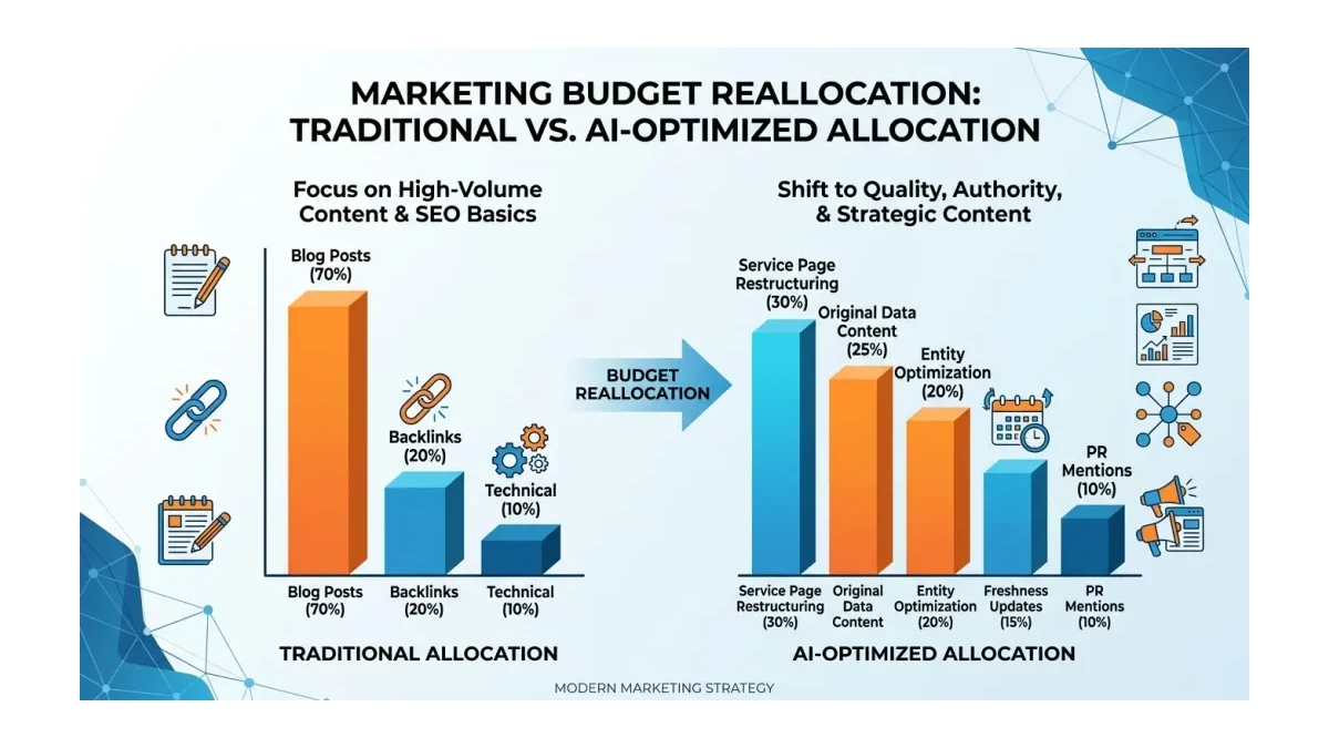 Infographic showing marketing budget reallocation: left side shows traditional allocation (70% blog posts, 20% backlinks