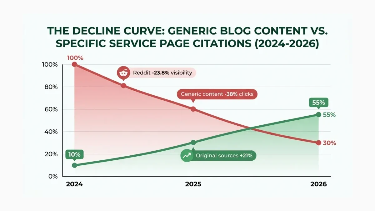 Infographic showing the decline curve: a descending line graph showing generic blog content clicks declining from 100% t