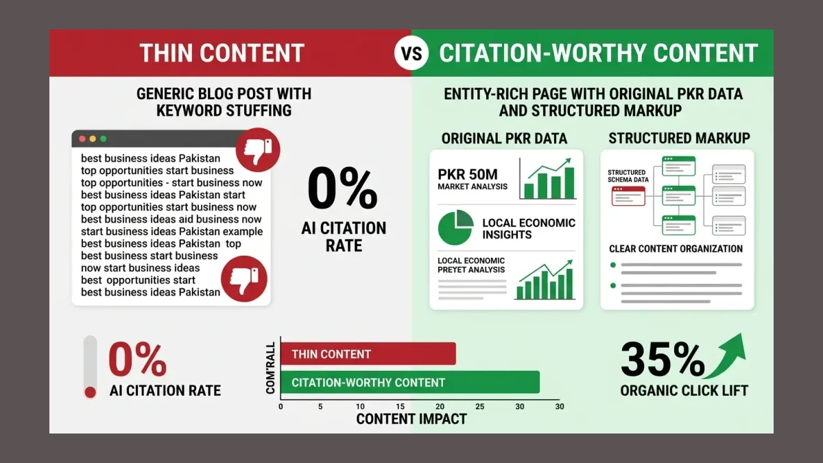 Infographic: Infographic comparing thin content vs citation-worthy content for Pakistani businesses. Left side: generic blog post wit