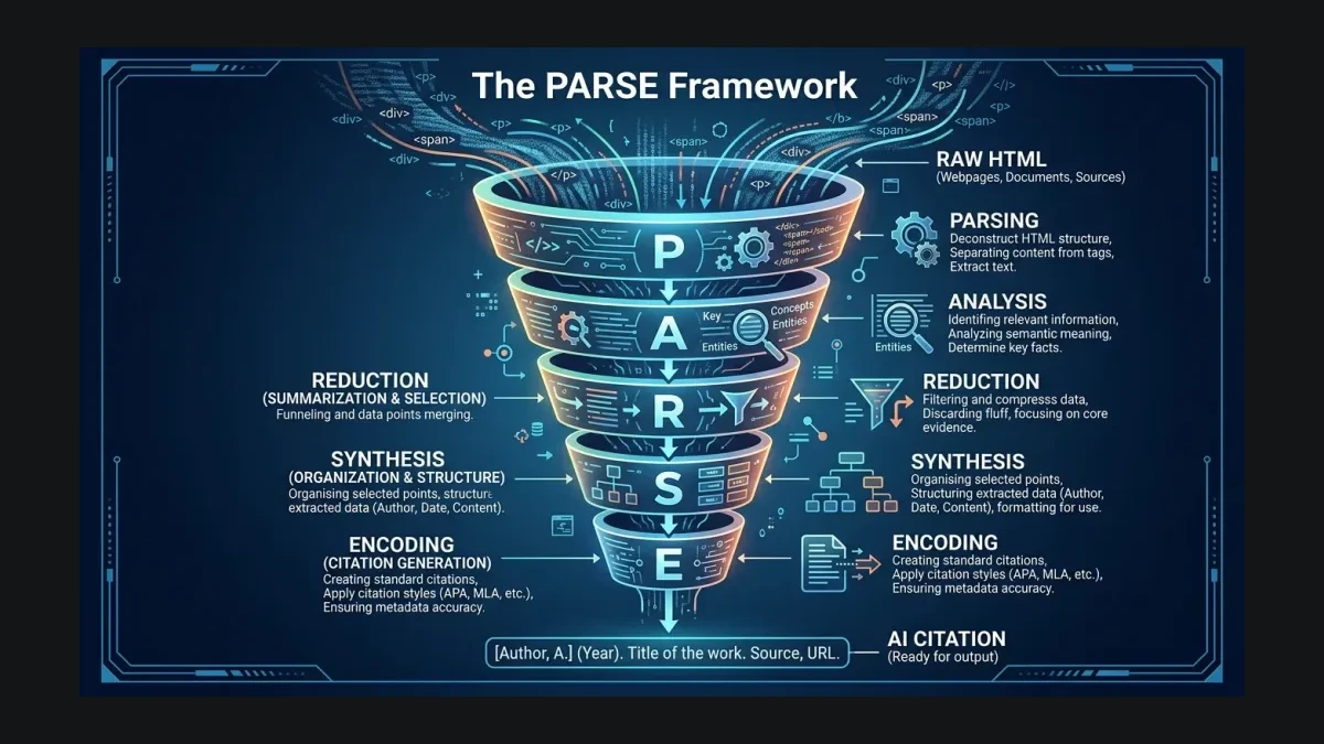 Infographic: The PARSE framework as a five-layer funnel from raw HTML to AI citation, with each letter as a gate