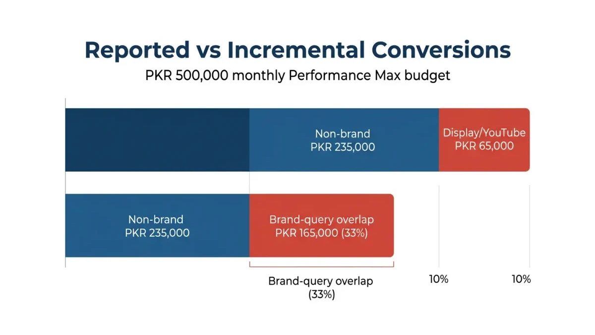 Infographic: Performance Max reported conversions versus incremental conversions bar comparison showing the brand overlap gap