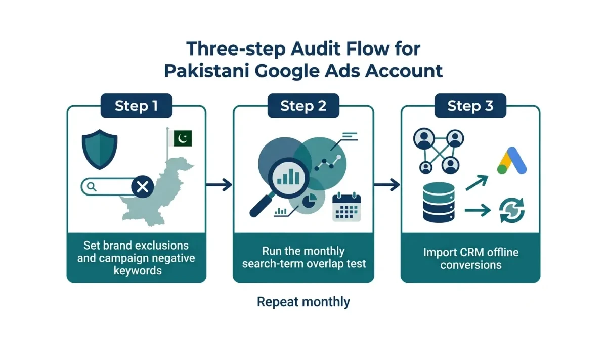 Infographic: Three-step Performance Max audit flow for a Pakistani Google Ads account from brand exclusions to overlap test to CRM import