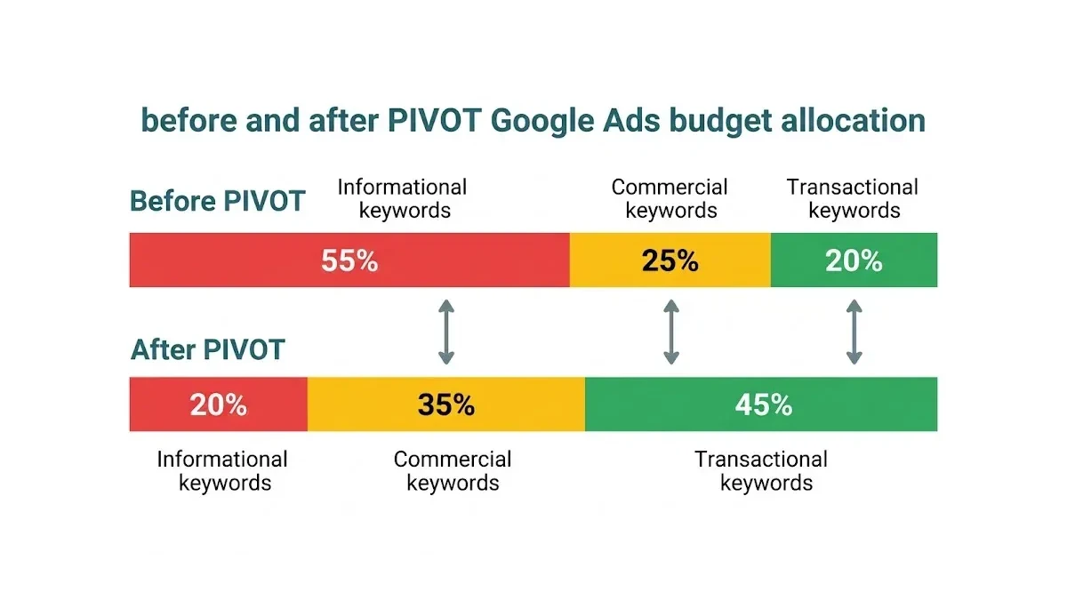 Infographic: Before and after PIVOT budget allocation comparison showing the shift to bottom-funnel keywords