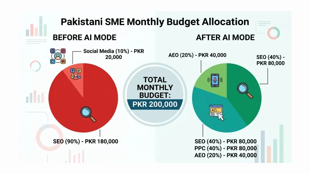 Infographic: Pakistani SME monthly budget allocation — before and after AI Mode reallocation showing shift from 100% SEO to 40% SEO, 40% PPC, 20% AEO