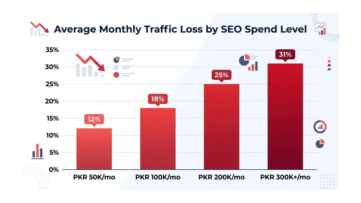 Infographic: Organic traffic decline trend across 40 Pakistani SME accounts showing 12-31% click loss correlated with SEO spend level
