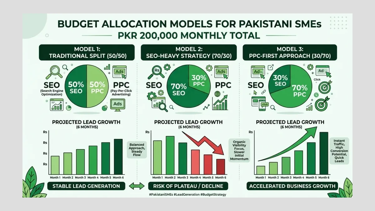 Infographic: Infographic showing three budget allocation models for Pakistani SMEs with PKR 200K monthly: traditional split at 50/50