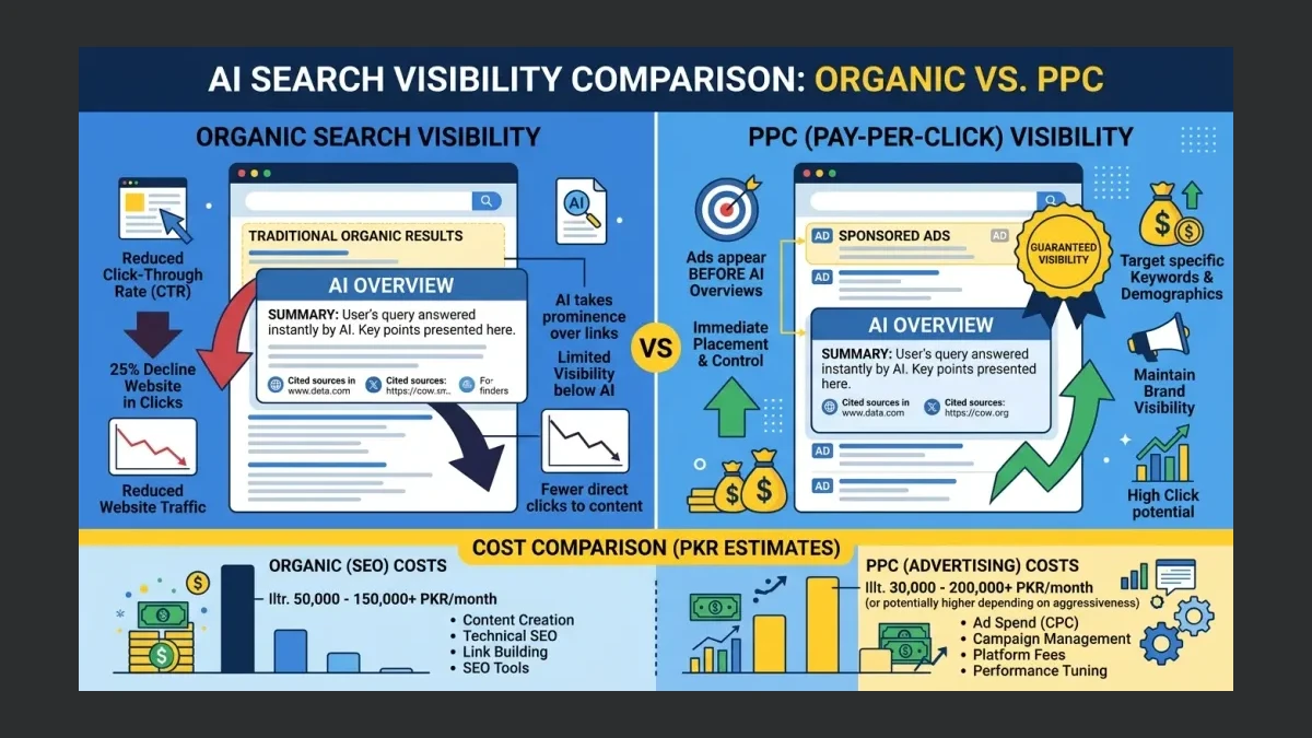 Infographic: Infographic comparing organic search visibility versus PPC visibility in AI search era. Left column shows organic result