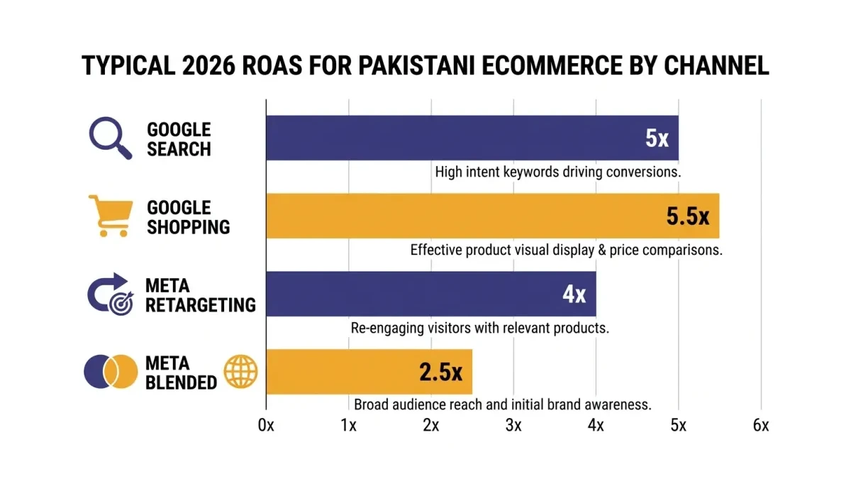 Infographic: A horizontal bar chart infographic comparing typical 2026 ROAS for Pakistani ecommerce by channel: Google Search 5x, Goo