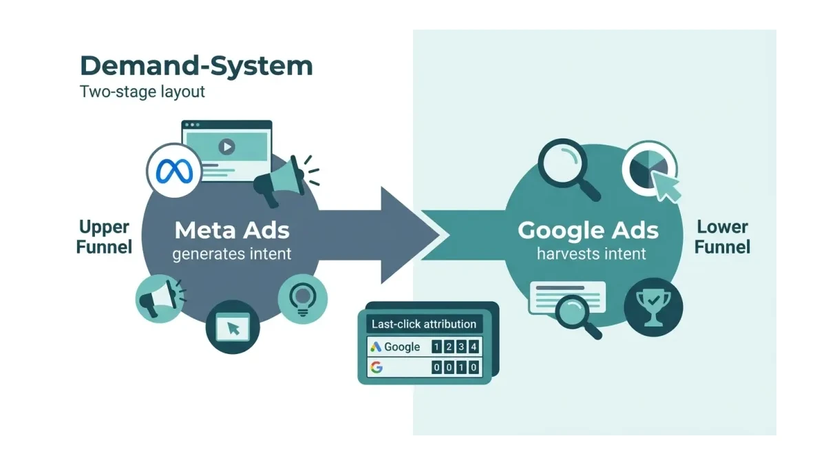 Infographic: A demand-system flow diagram showing Meta Ads on the left generating intent (upper funnel) flowing through an arrow into
