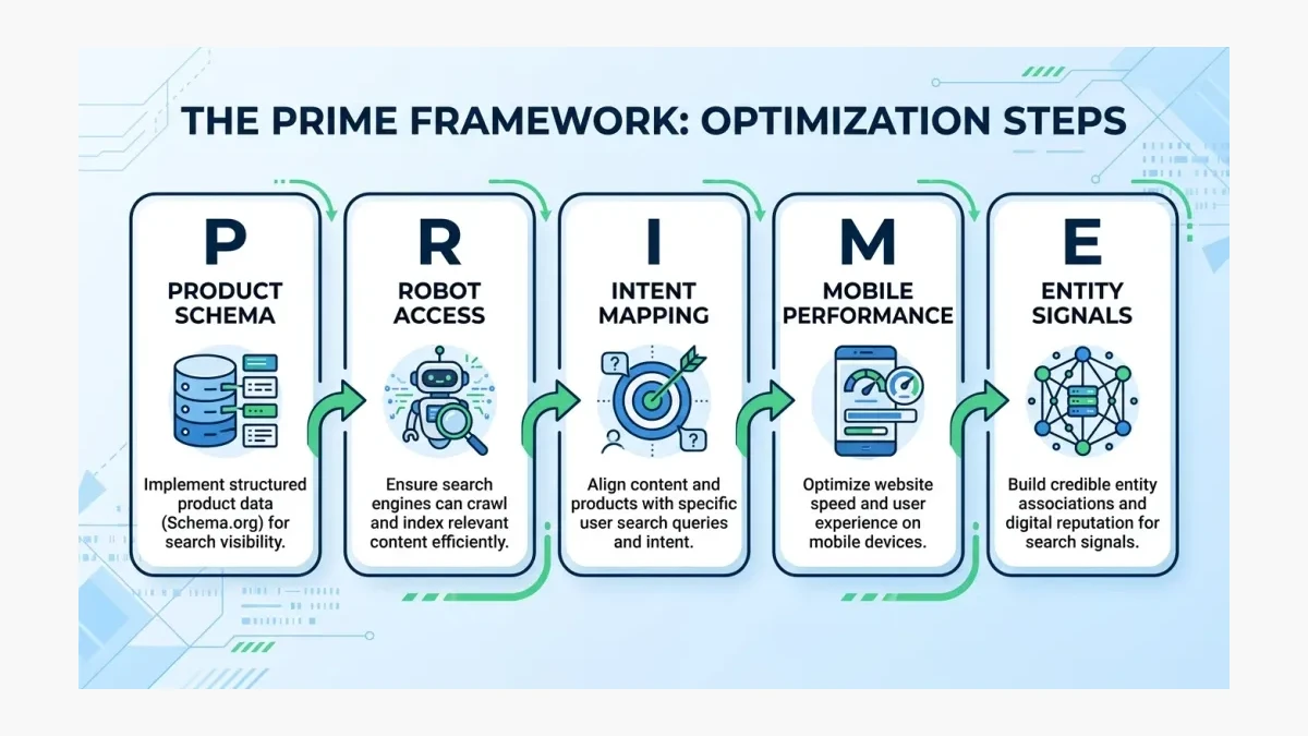 Infographic: PRIME framework five-step diagram for Pakistani ecommerce AI search readiness