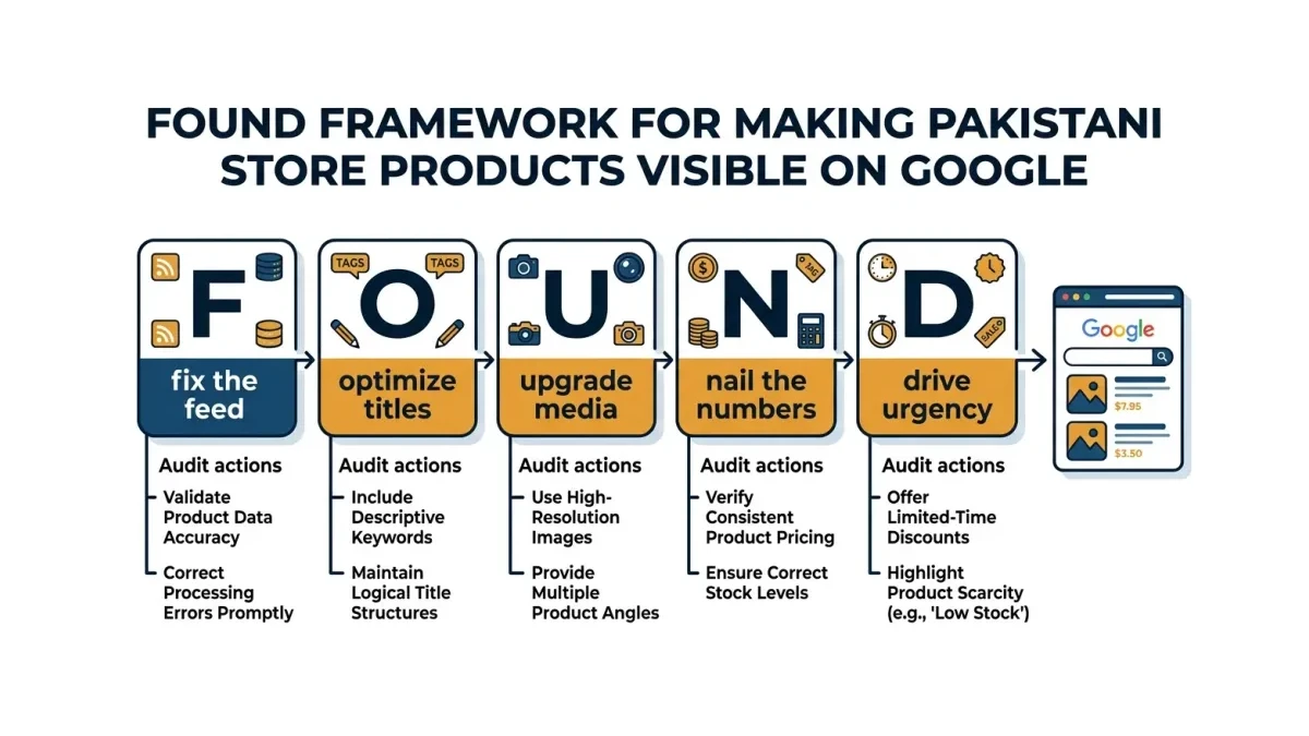 Infographic: The FOUND framework shown as five steps for making Pakistani store products visible on Google.