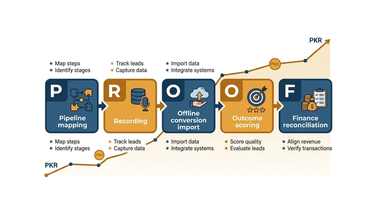 Infographic: Five-step PROOF framework diagram from pipeline mapping to finance reconciliation for Pakistani B2B attribution
