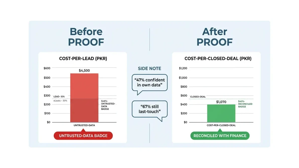 Infographic: Before and after PROOF comparison showing dashboard trust, cost per closed deal, and finance reconciliation for Pakistani B2B marketing teams