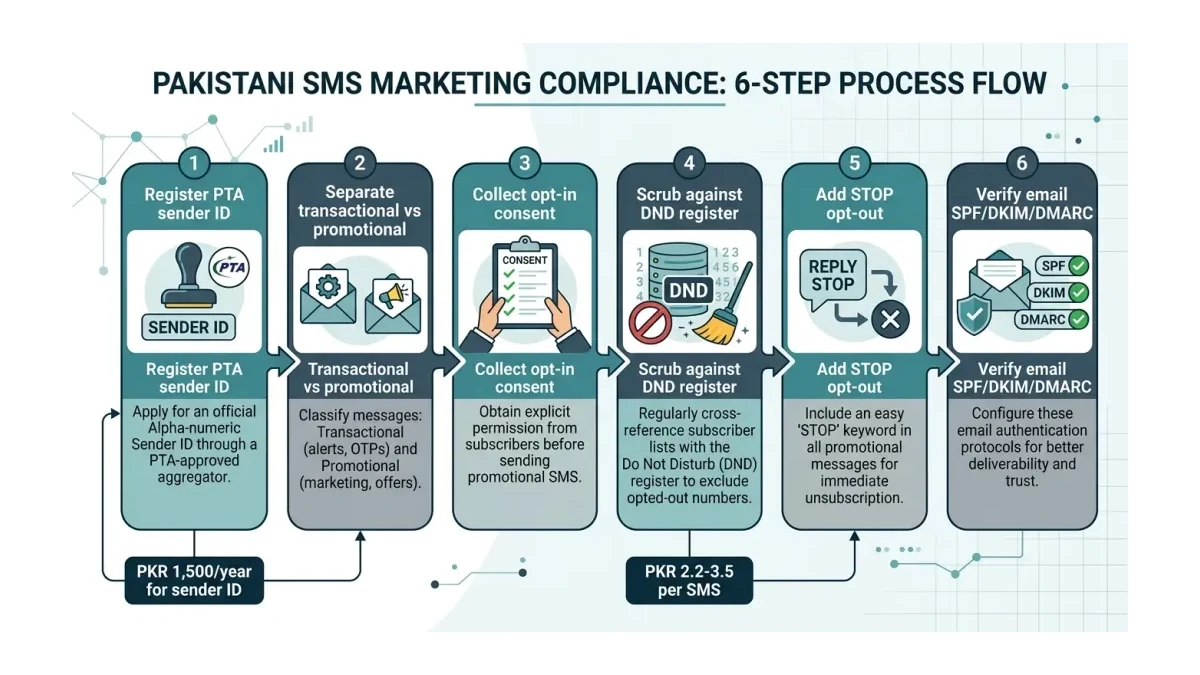 Infographic: A horizontal six-step Pakistani SMS compliance pipeline from sender ID registration through email authentication, each step labeled with its PKR cost.