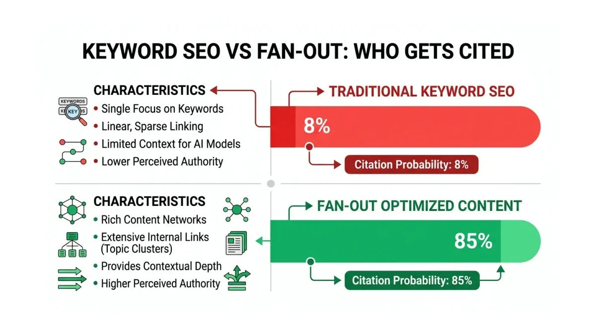 Infographic comparing AI citation rates: Traditional keyword SEO at 8% citation probability versus Fan-out optimized con
